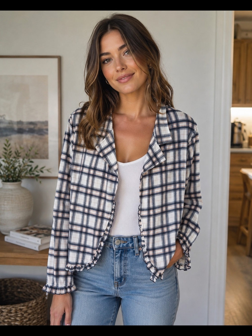 Grace Karin Cream & Navy Plaid Frayed-Edge Open Jacket